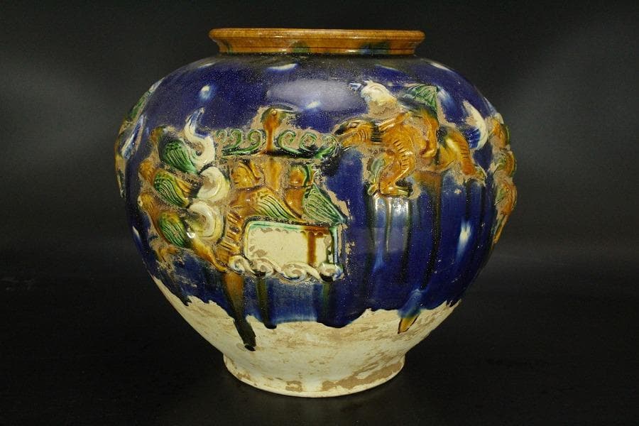 中国美術 唐三彩 貼花紋 丸壷 φ30cm(LC240)