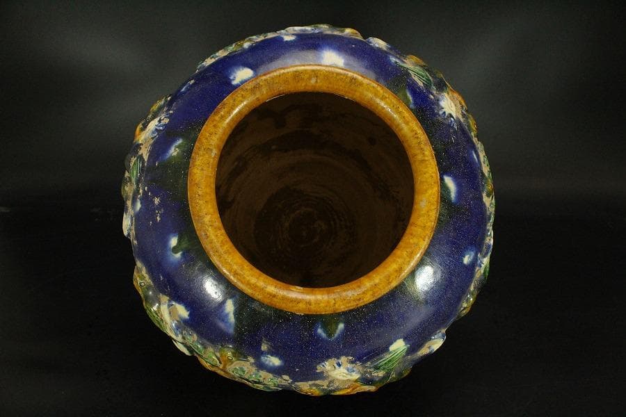 中国美術 唐三彩 貼花紋 丸壷 φ30cm(LC240)