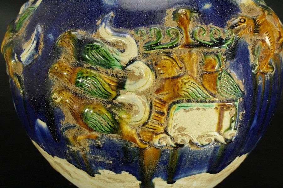 中国美術 唐三彩 貼花紋 丸壷 φ30cm(LC240)