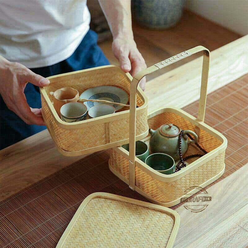 茶道具 提籃籠 二階 収納する 工芸品 竹細工 手作り 茶道具☆収納する