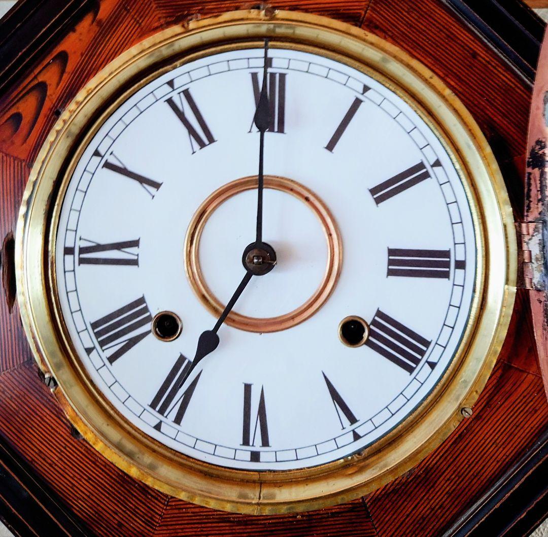 〈完動・美品〉小型八角合長ゼンマイ振り子時計　アンティーク古時計