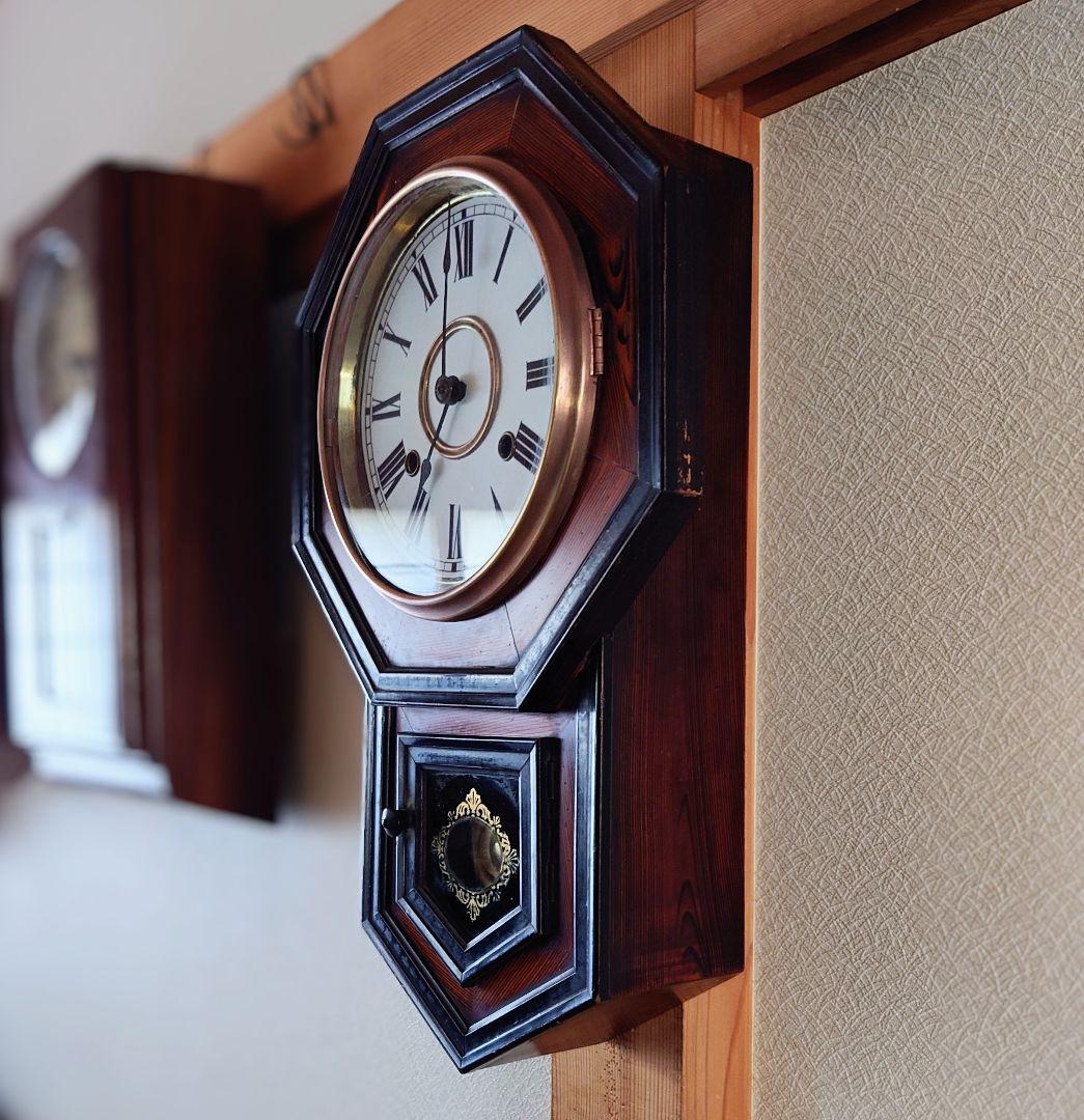 〈完動・美品〉小型八角合長ゼンマイ振り子時計　アンティーク古時計