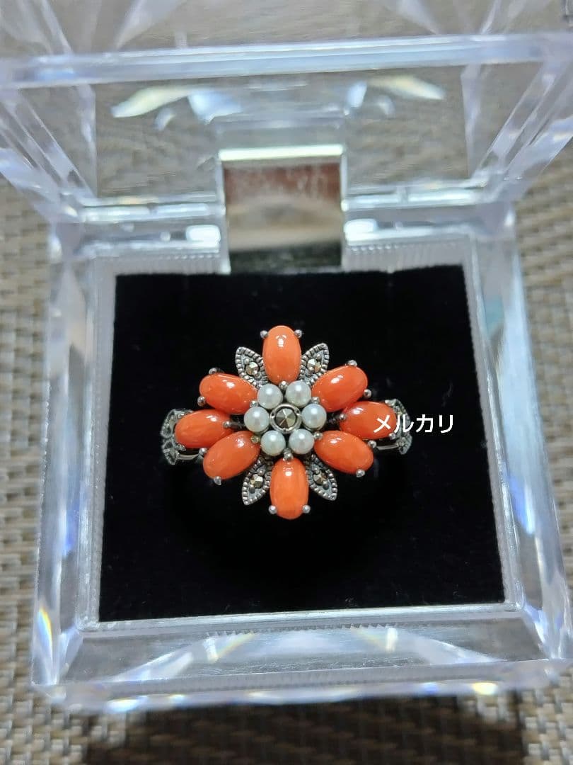 [未使用品] 碌山 リング 珊瑚 シードパール マルカジット 16.5号