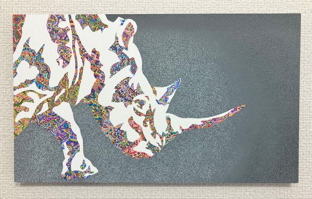 原画　サイ　動物画　絵画　アクリル画　現代アート　細密画　手描き　一点物