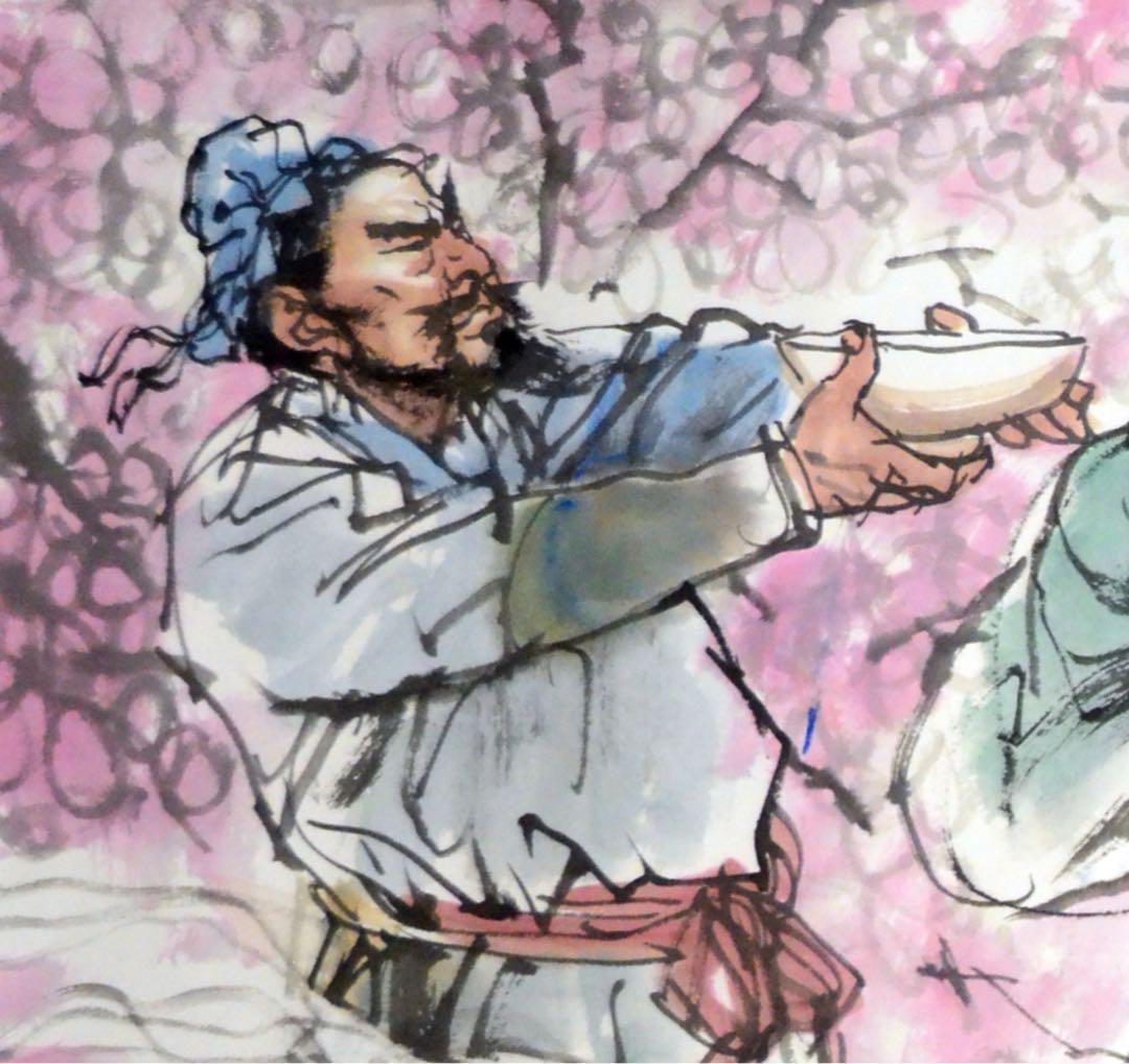 水墨画 『桃園三結義』 人物 古代の武士たち 桜背景