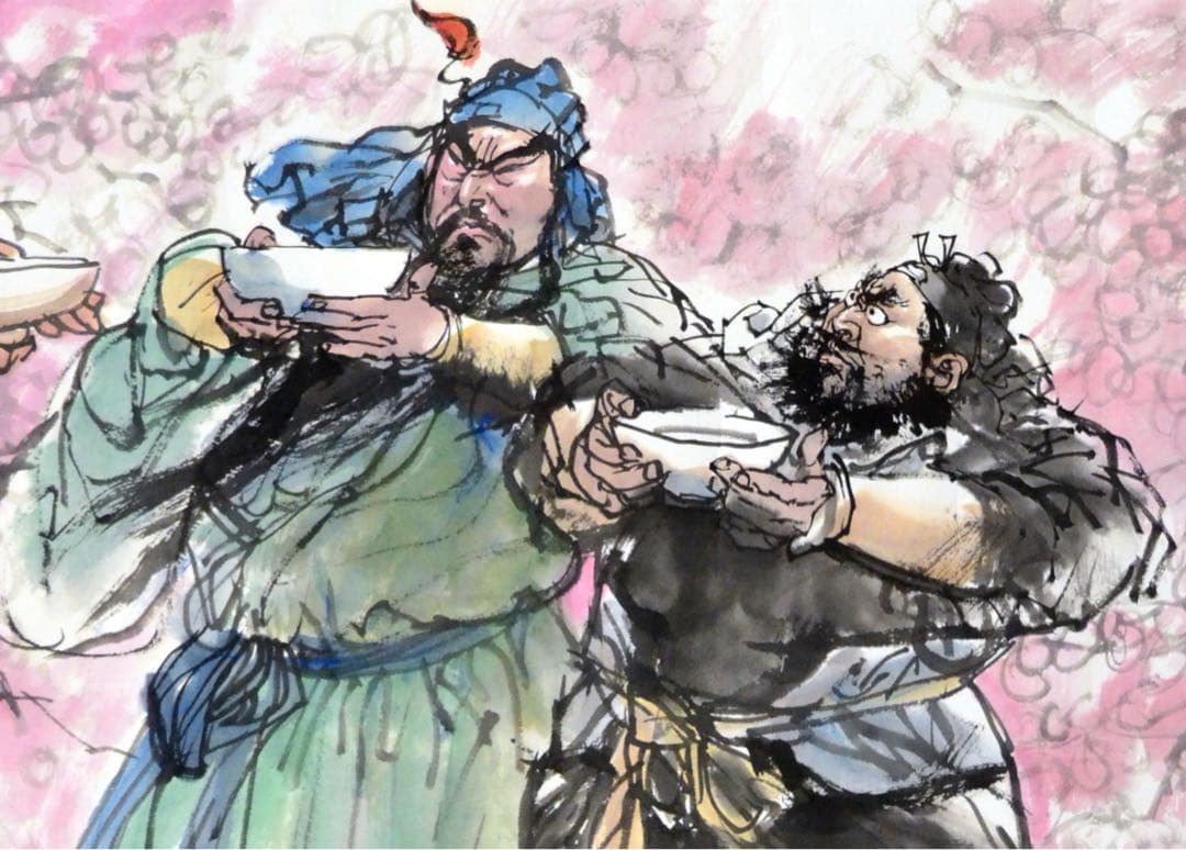 水墨画 『桃園三結義』 人物 古代の武士たち 桜背景