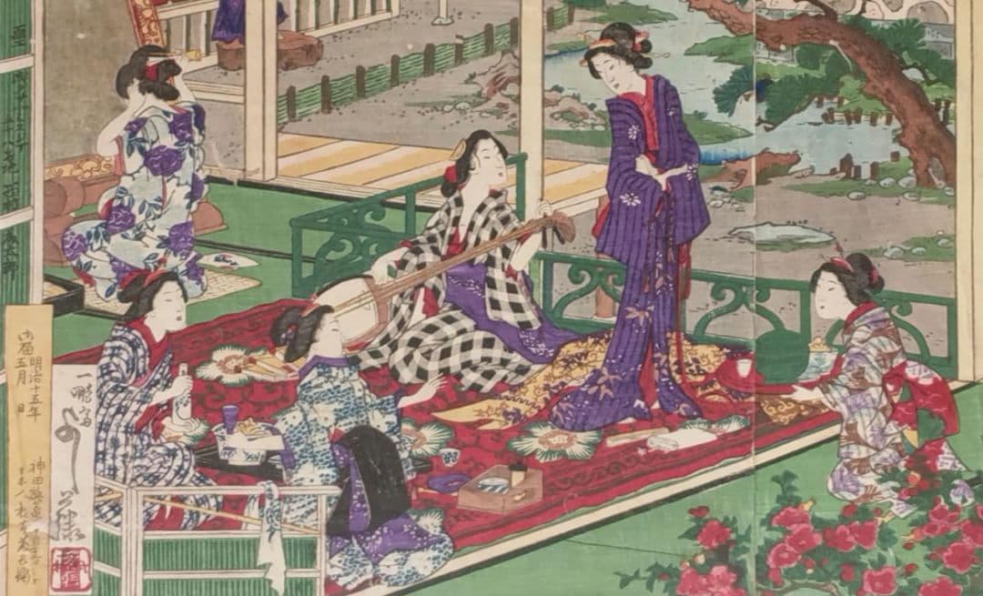 稀浮世絵版画、温泉遊客之圖三枚綴り、歌川芳藤画明治15