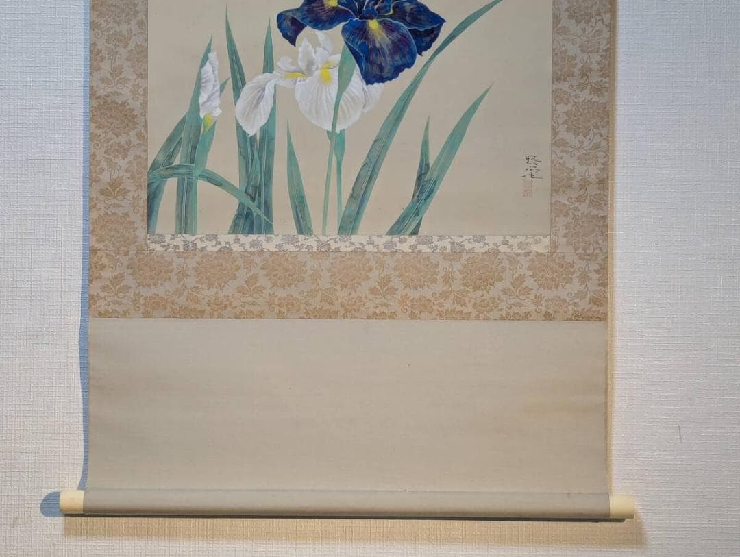 真作】掛軸 富取風堂 菖蒲 雅趣に満ちた彩色花鳥画 共