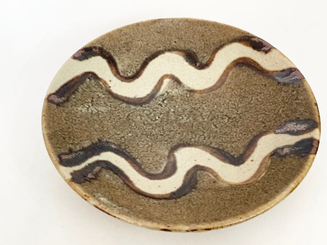 陶芸家　人間国宝　濱田庄司　浜田庄司　鉄絵　皿　丸皿　中皿　波文　共箱　民芸