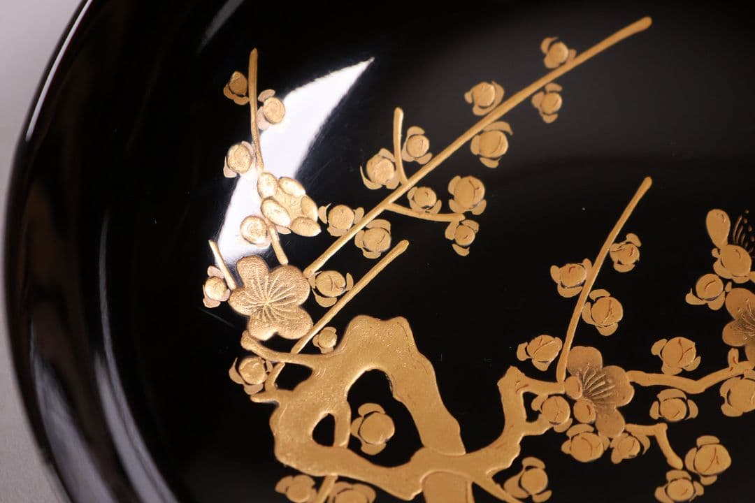 【CM233】古い木皿 五客 梅 金蒔絵 黒塗 小皿 菓子皿 木製漆器 大正昭和