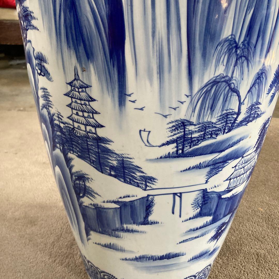 引き取り可能 特大 青 染付 山水図 大花瓶 高さ91.5cm