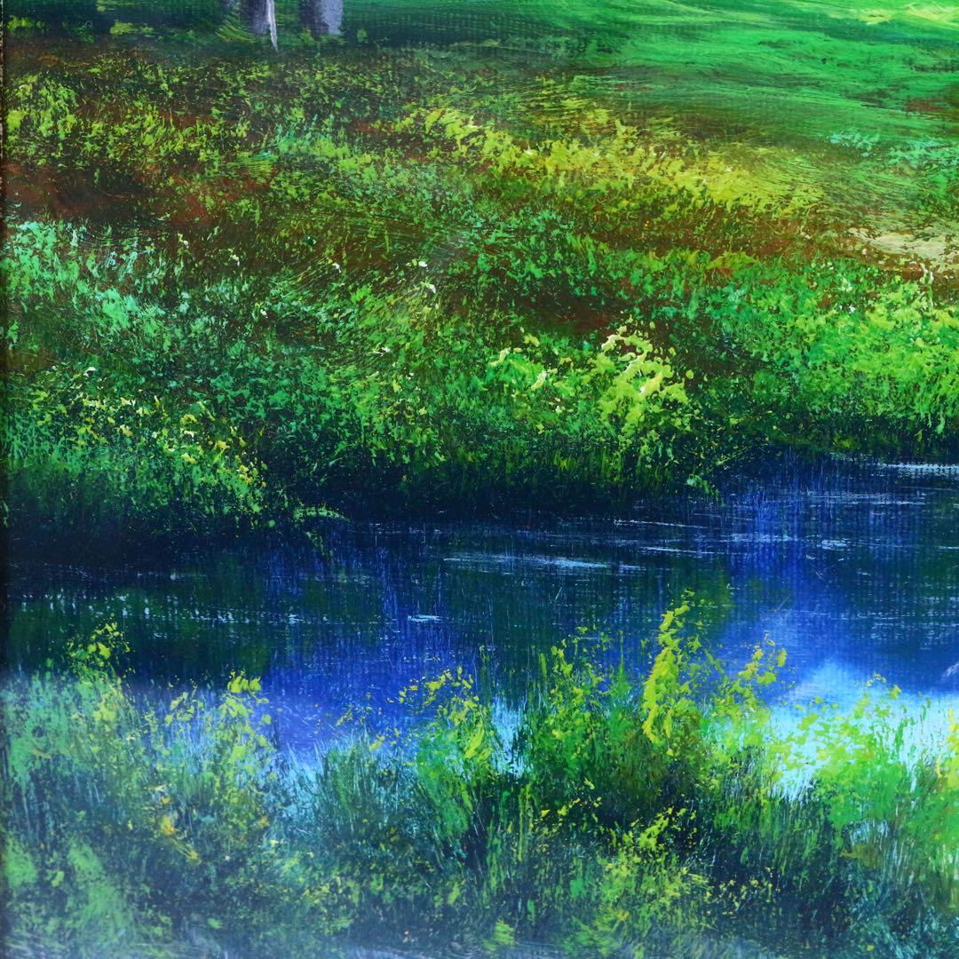 真作保証】 流月真一 新緑の穂高連峰 油彩 風景画 油絵 絵画 美術