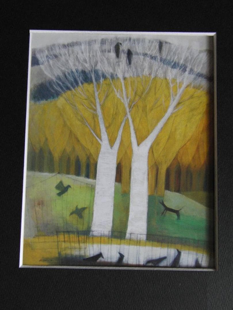 中山雅子、【鳥のいる風景　III】、希少な額装用画集より、新品額装付