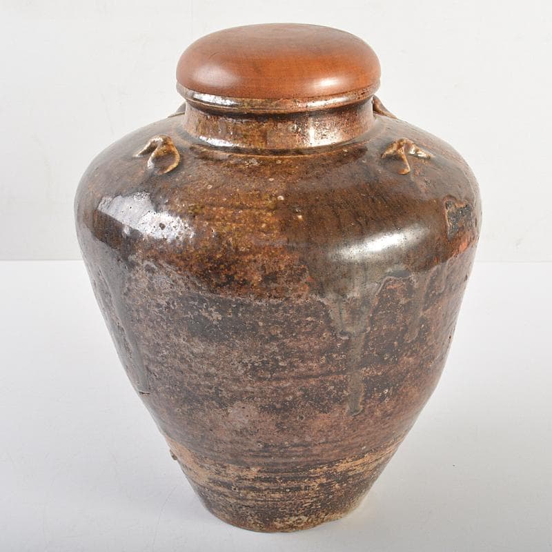 瀬戸焼　古瀬戸　四耳壷　葉茶壷　木製蓋付　高さ約24cm　時代箱　VR7341B