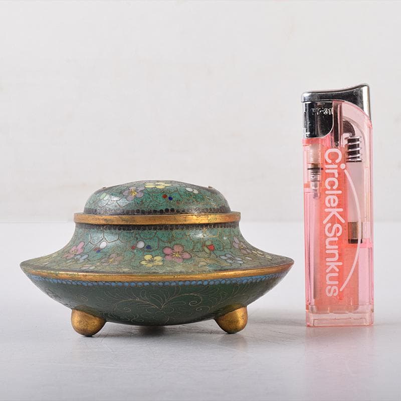 中国　古七宝琺瑯彩　花唐草文　三足蓋爐　香炉　M　R8546