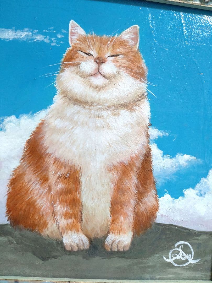 猫の油絵【ひこうき雲】1点物の原画/作者サイン入り◇額縁付属