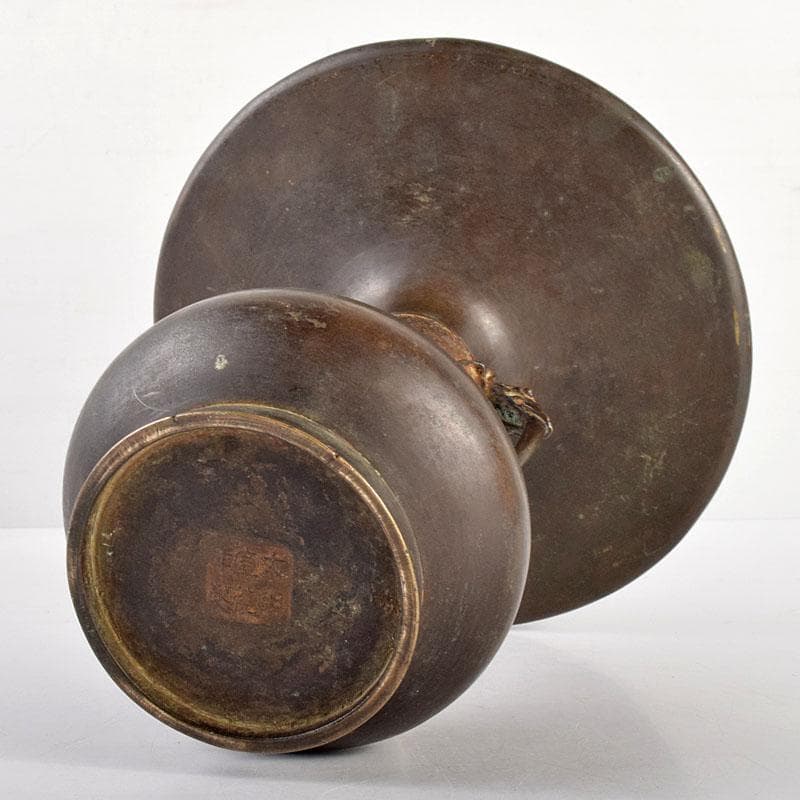 中国　大明宣徳年製款　古銅　雷文　象双耳瓶　D　R4949