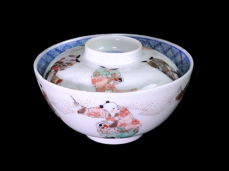 古伊万里　金襴手　唐子　童戯の図　蓋茶碗　E875ASA-CPg