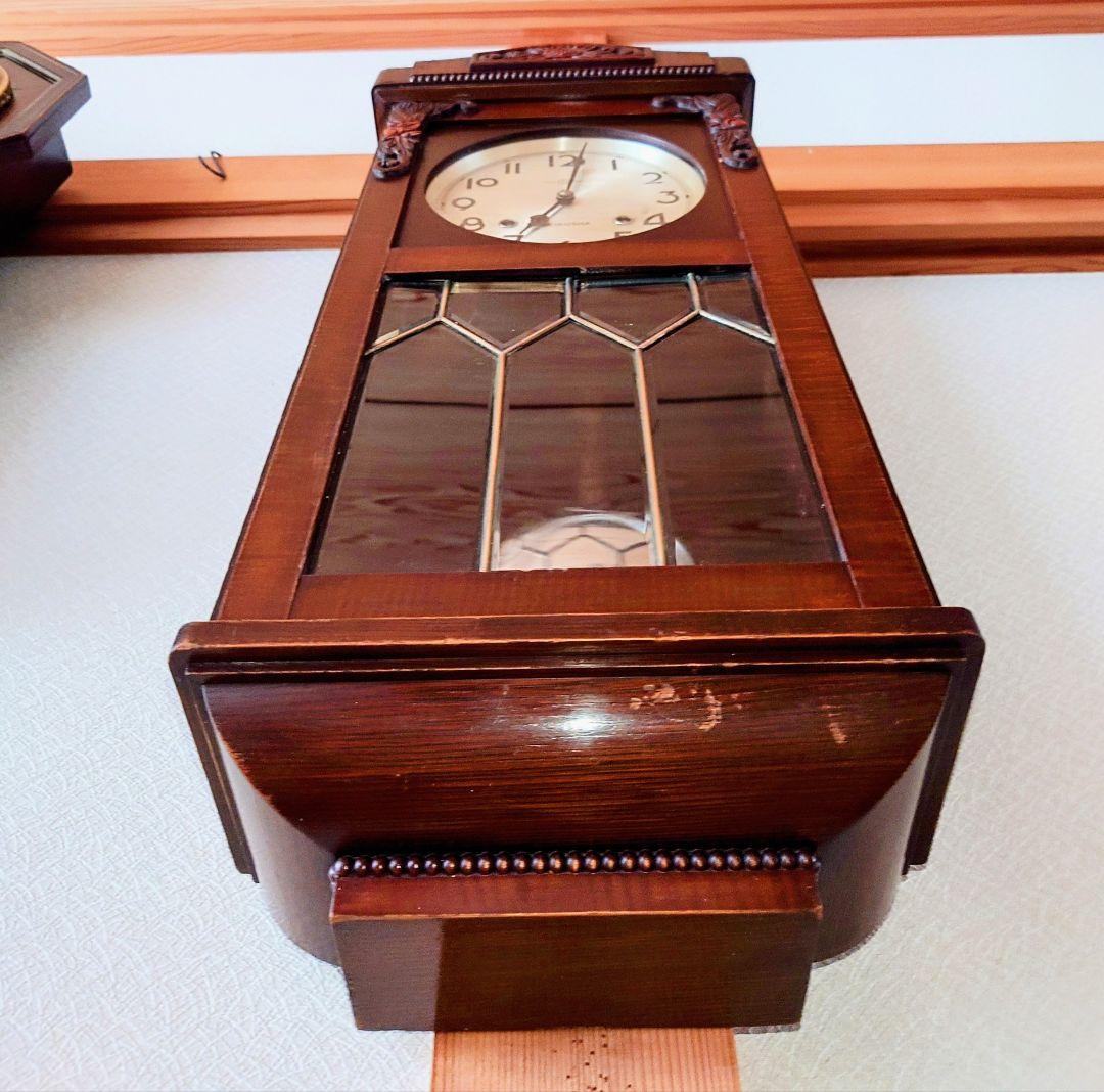 〈完動・美品〉精工舎　ステンドグラス調　スリゲル宮型ゼンマイ振り子時計