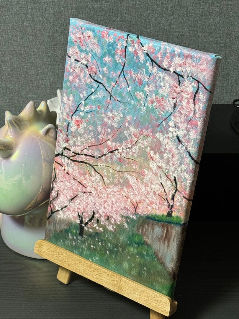 「早桜」　手描き　油絵　油彩画　風景画　原画