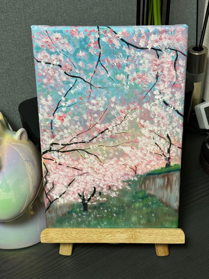 「早桜」　手描き　油絵　油彩画　風景画　原画