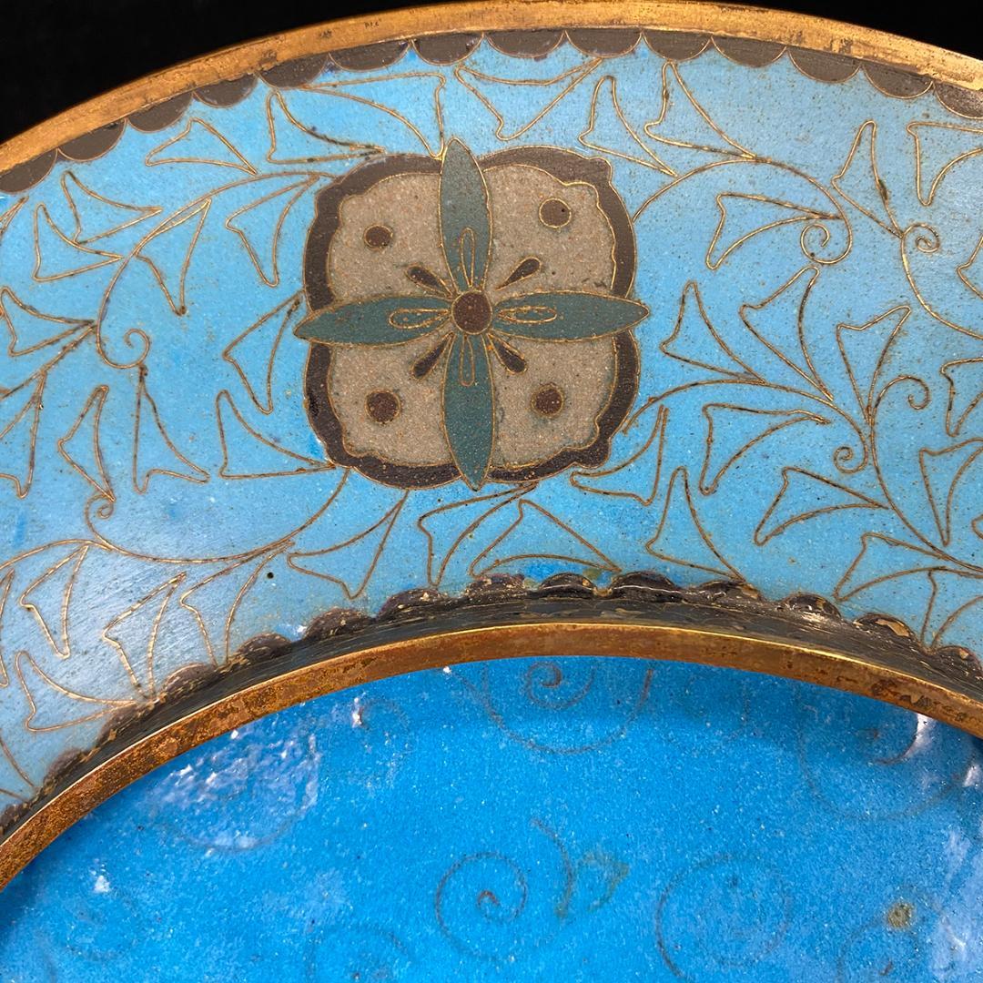 随心堂】希少品 景泰藍焼 七宝焼 銅線有 牡丹鷹雀花鳥文飾皿 共箱 銅