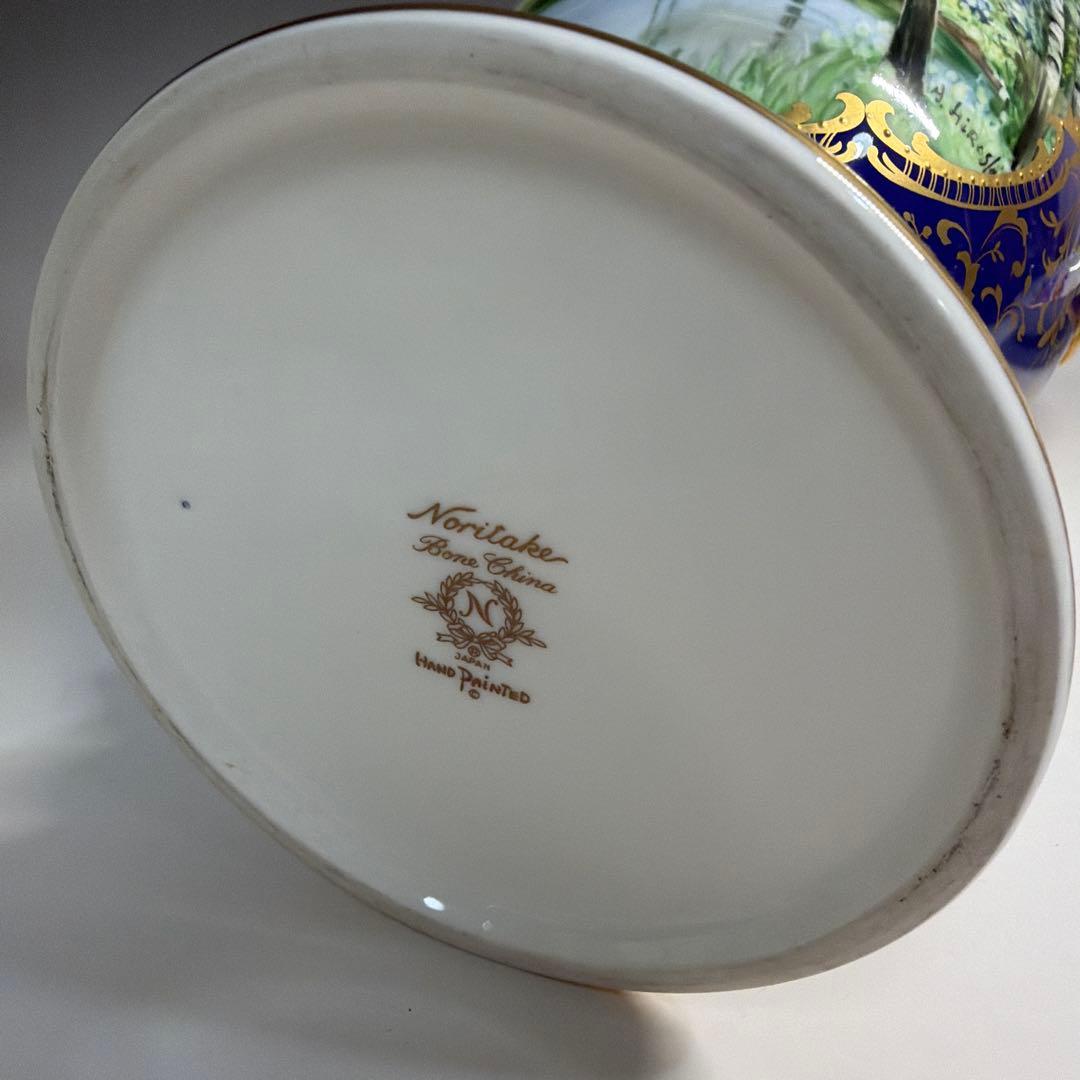 ノリタケ 飾り壺 金彩 コバルトブルー ハンドペイント 風景