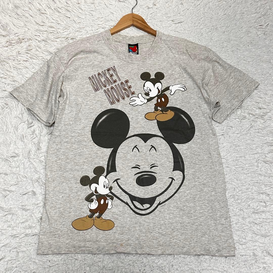 レア 古着○90s プリント Tシャツ ディズニー ミッキー グレー メンズL