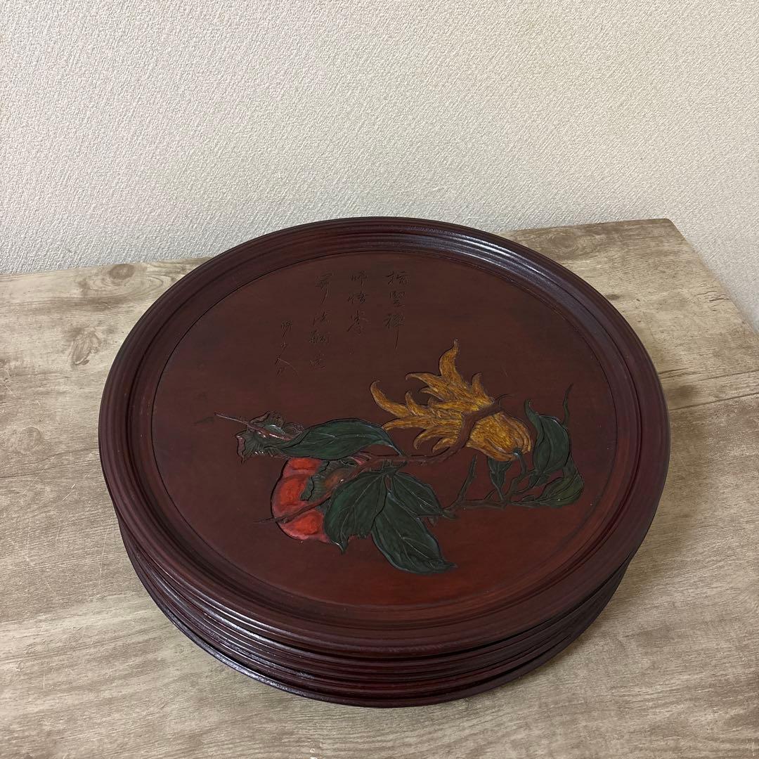 時代　彫抜色絵絵替丸盆　讃岐彫象谷塗　5枚　古盆　古木箱有〈検 烏城　四国　鎌倉