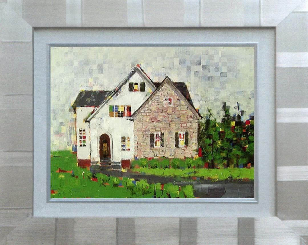 油絵 菅家令子 絵画インテリア 額付(青緑＋金色の枠) uF6-062303風景