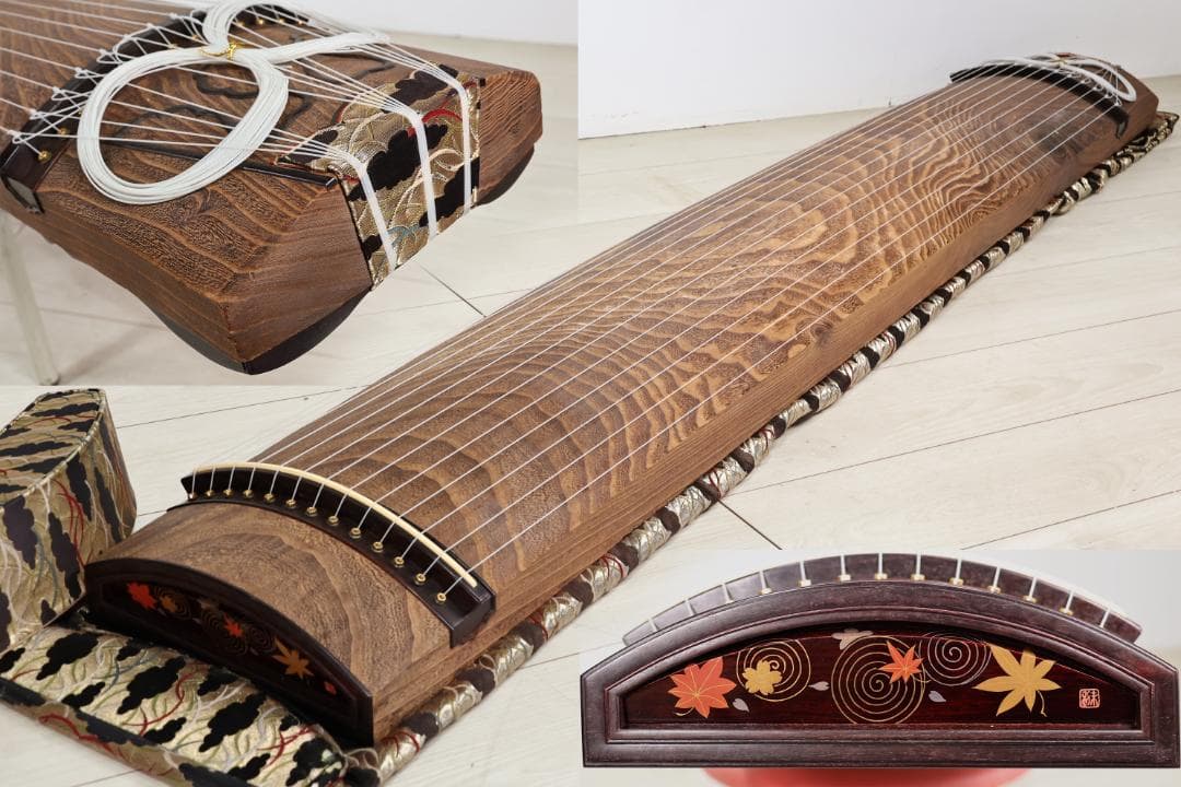 高級 琴 在銘 くり甲 13弦 綾杉彫り 玉縁包み柏葉 未