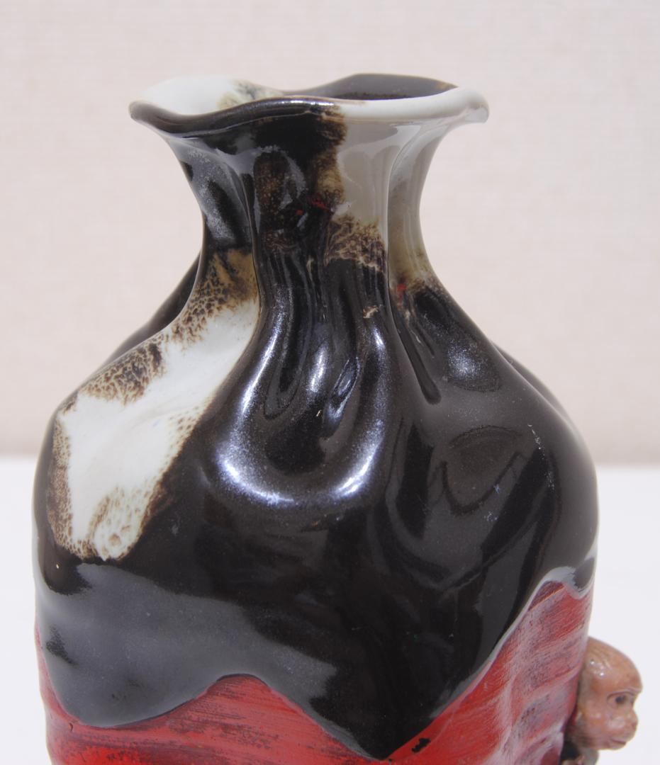 井上良斎 高浮彫 花生 花瓶 隅田焼 東京焼 SUMIDA TOKYO 辰砂釉