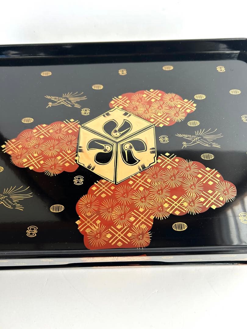 会津塗 黒塗 絵島型 四ツ揃 お屠蘇器 漆器セット 木箱入 金彩 鶴文様 松竹梅