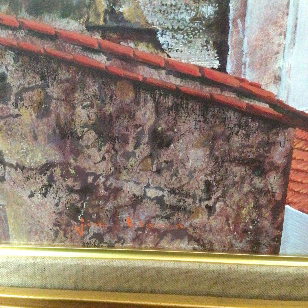 No2758 額装　井阪仁　「赤い屋根の風景」　黄袋共箱　日本画　琳派　送料無料