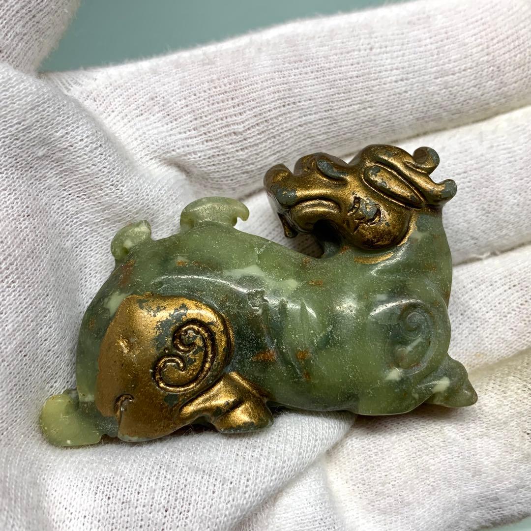 旧蔵時代物 天然 漢代 描金 高古玉 金虎 金神獸 根付 御守り