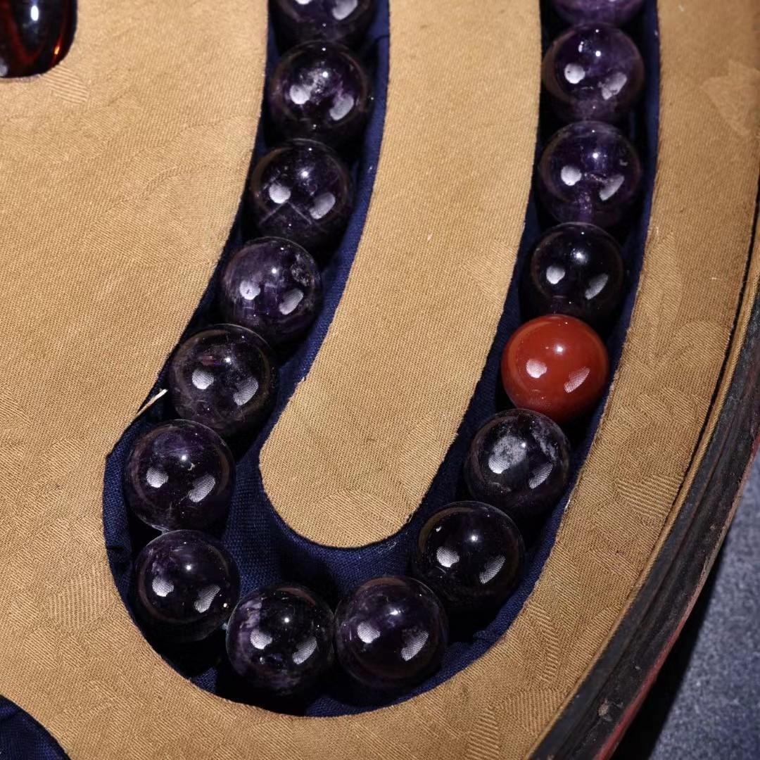 中国古美術・極品紫水晶朝珠・刺繍箱付き・時代物・極細工・置物・古賞