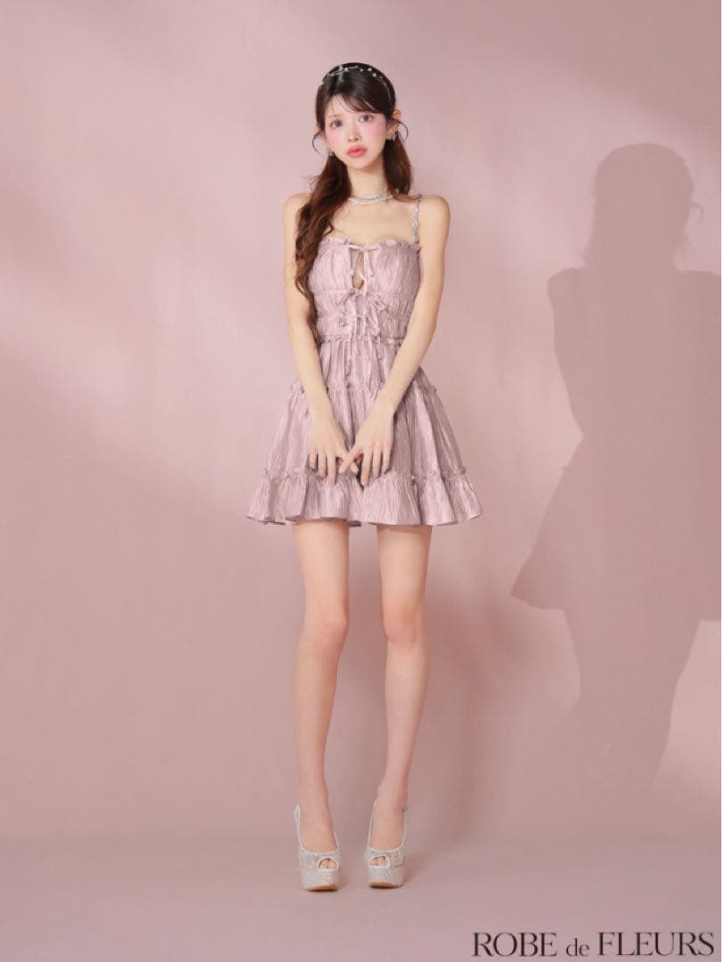 ROBE de FLEURS シャーリングサテンウエストスリットフレアミニ