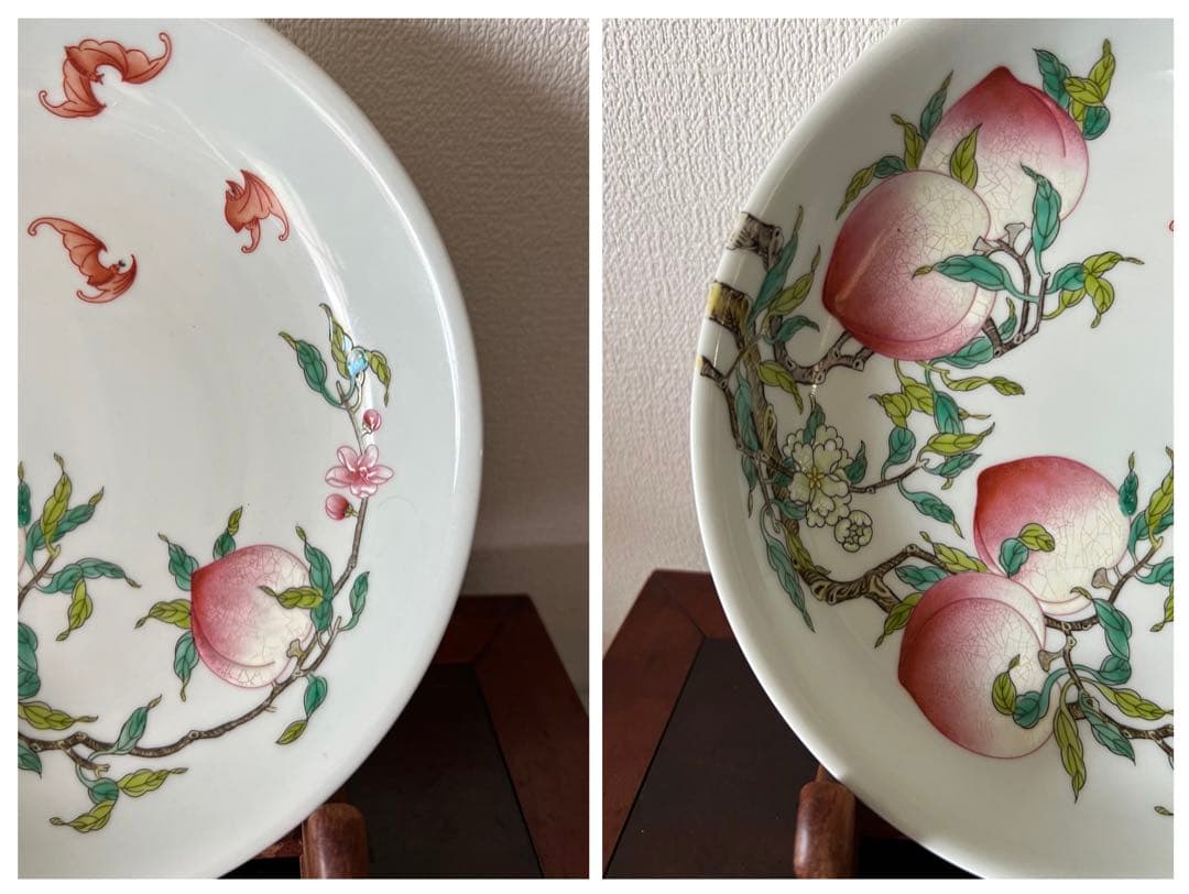 中国古美術/粉彩蝙蝠/桃紋皿 【大清雍正年製】在銘/紫檀箱付き