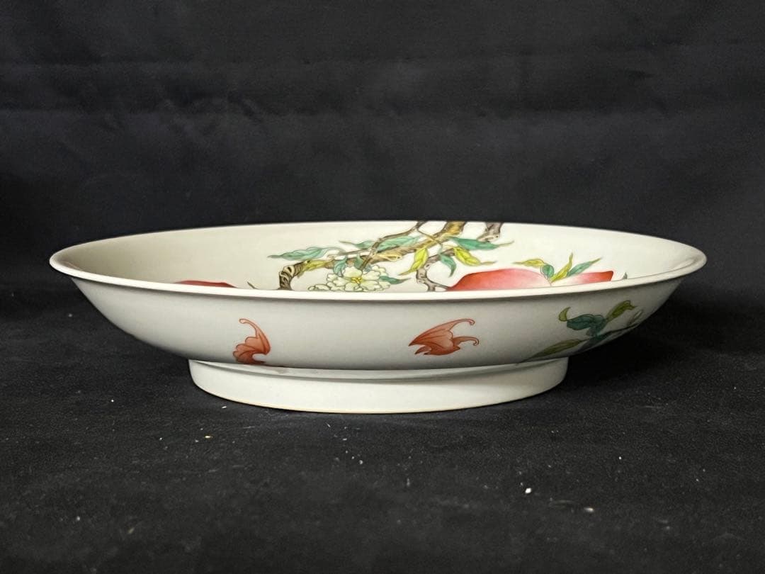 中国古美術/粉彩蝙蝠/桃紋皿 【大清雍正年製】在銘/紫檀箱付き