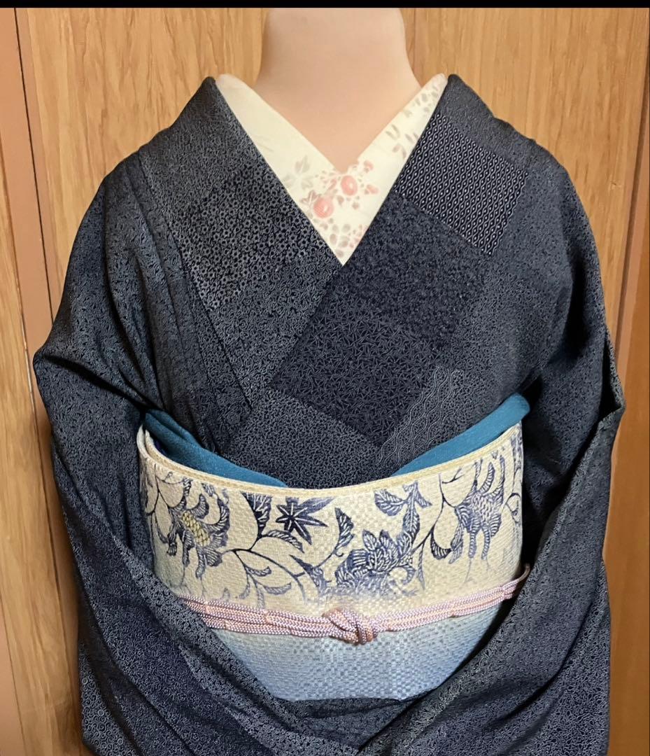 ZF-1346 色無地 地紋 正絹 燻んだ 水色 一つ紋 共八掛 美品 良品