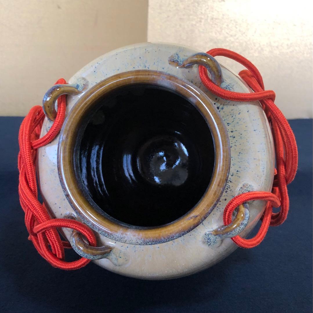 《R》茶道具 四つ耳 飾壷 飾り紐 網紐 口覆 在銘 共箱　250723E6