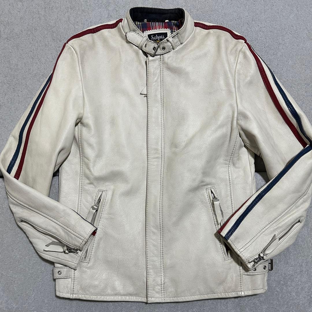 メンズL✨　クラシックレーサー　Schott　シングルライダース　牛革　ホワイト ショット クラシックレーサー レザーシングルジャケット L ホワイト