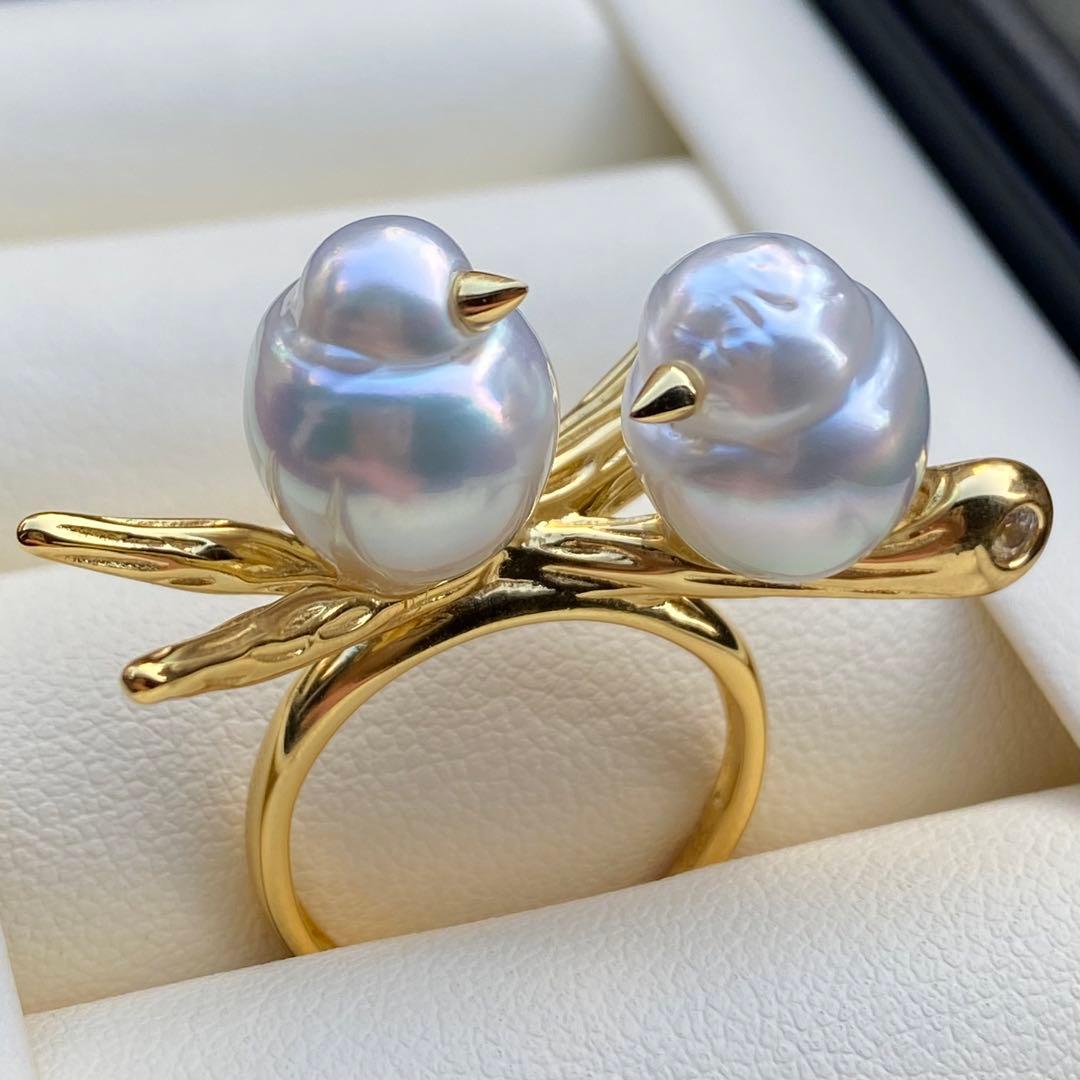 本真珠　南洋白蝶真珠ダブルリング「鳥と枝」　13.2mmホワイトL1257