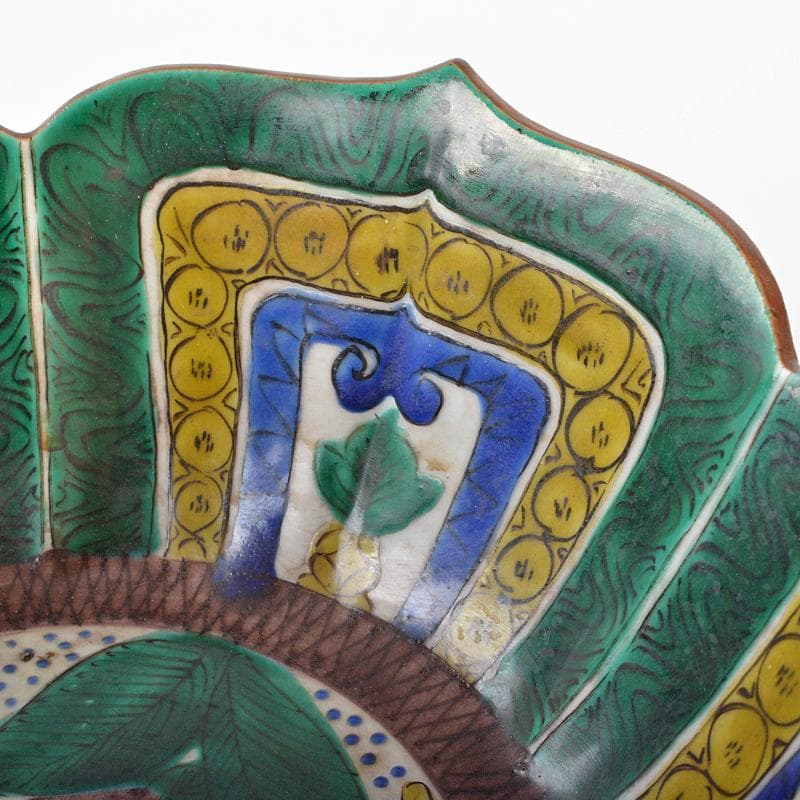 九谷焼　青手九谷　花鳥文　輪花鉢　角福銘　時代箱付　M　R6337B