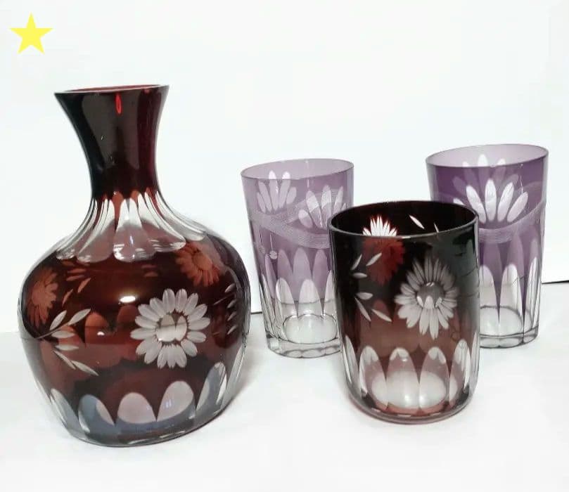 昭和レトロ 切子 グラス 水差し アンティーク コップ ヴィンテージ 水差しコップセット 昭和初期の切子の水色アンティーク