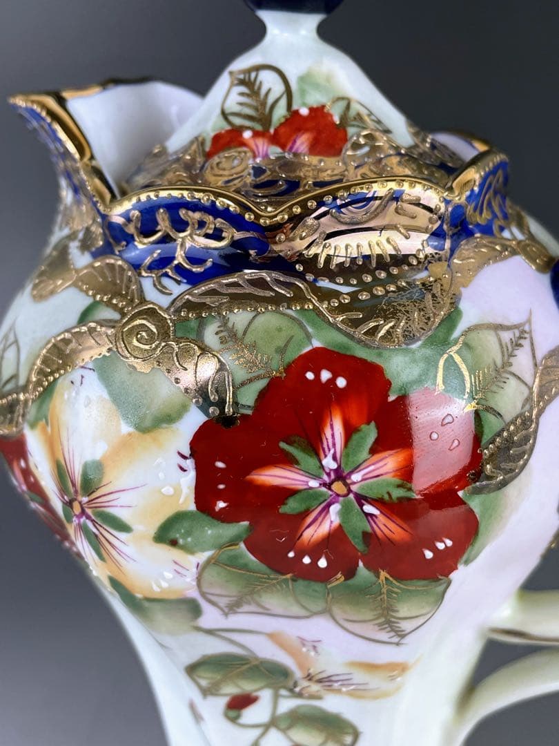 美品】オールドニッポン 約24cm 金盛り 花紋 チョコレートポット ティー