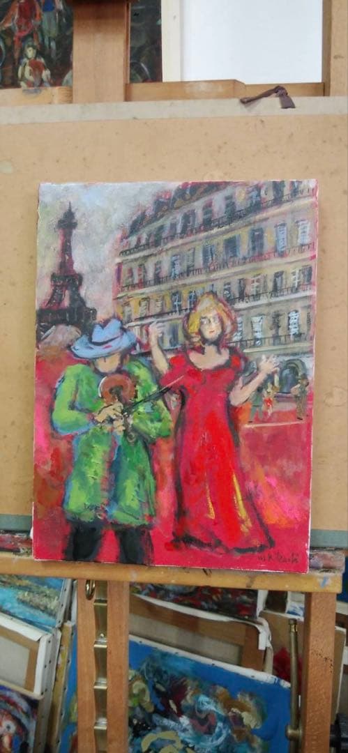 パリの芸人」菊地正則 油彩画 絵画 油絵 F4 キャンバス 額付き 匿名