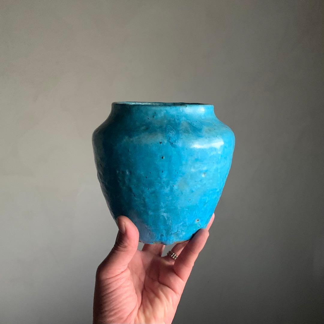 鮮やかな ターコイズブルー 壺 古道具 アンティーク 花器
