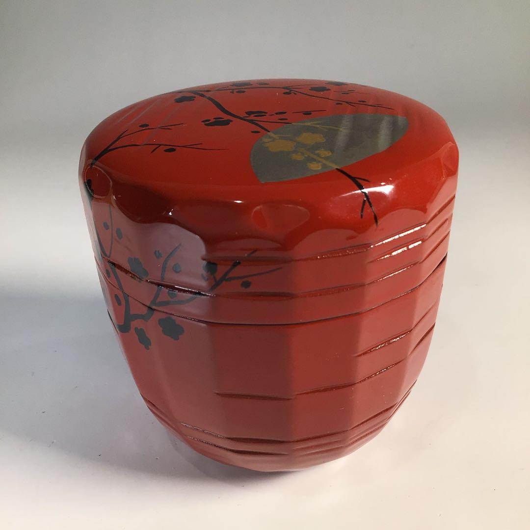 Ｍ６３７　棗　『加賀蒔絵師　早見征一作』『朱漆塗』『梅月蒔絵』　共箱　茶道具