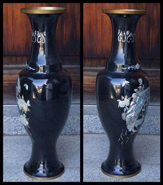 専用大型銅胎 黒漆螺鈿象嵌『鳳凰牡丹図』飾り壺 花瓶 花器 高さ68.5㎝